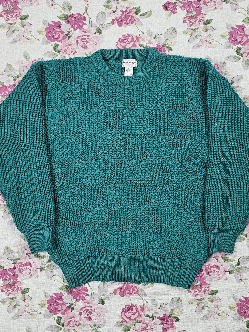 Vintage Windridge L Teal Solid Knit Crew Neck Pullover Sweater Ribbed